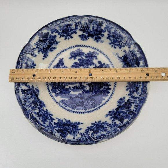 Vintage Flow Blue Serving Bowl by W. Adams & Co. in England, Fairy Villa Pattern - Picture 8 of 10